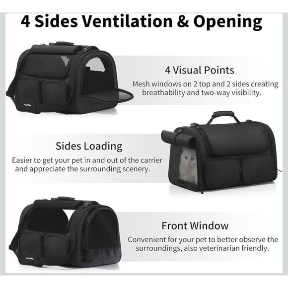 Small Cat Dog Soft Carrier Black Mesh Windows Storage Pockets Airline Approved - Picture 5 of 6